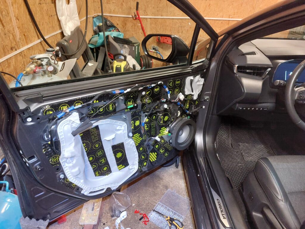 2024 Toyota Corolla front door after sound deadening before reinstalling trim panel