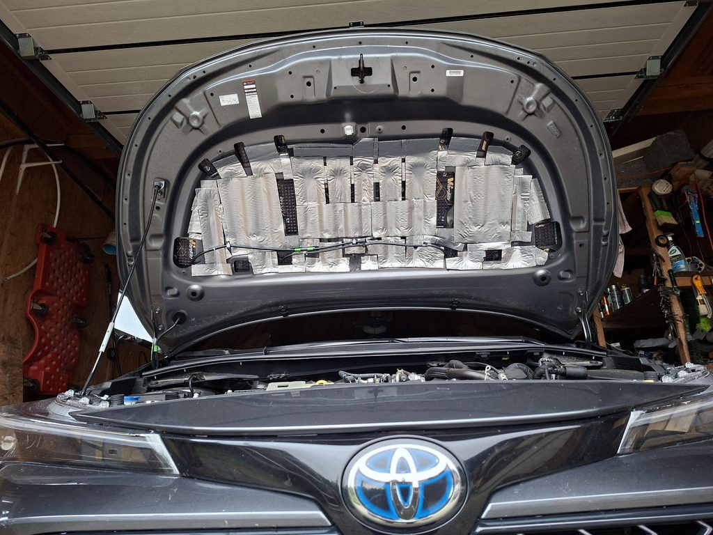 Additional insulation panels installed inside the Toyota Corolla hood