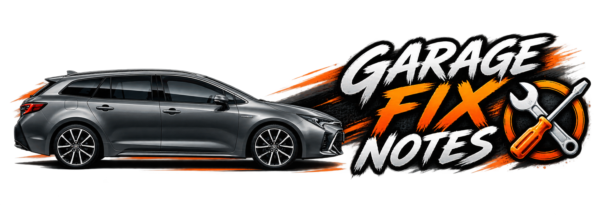 Garage Fix Notes logo with dark gray Toyota Corolla and automotive tools